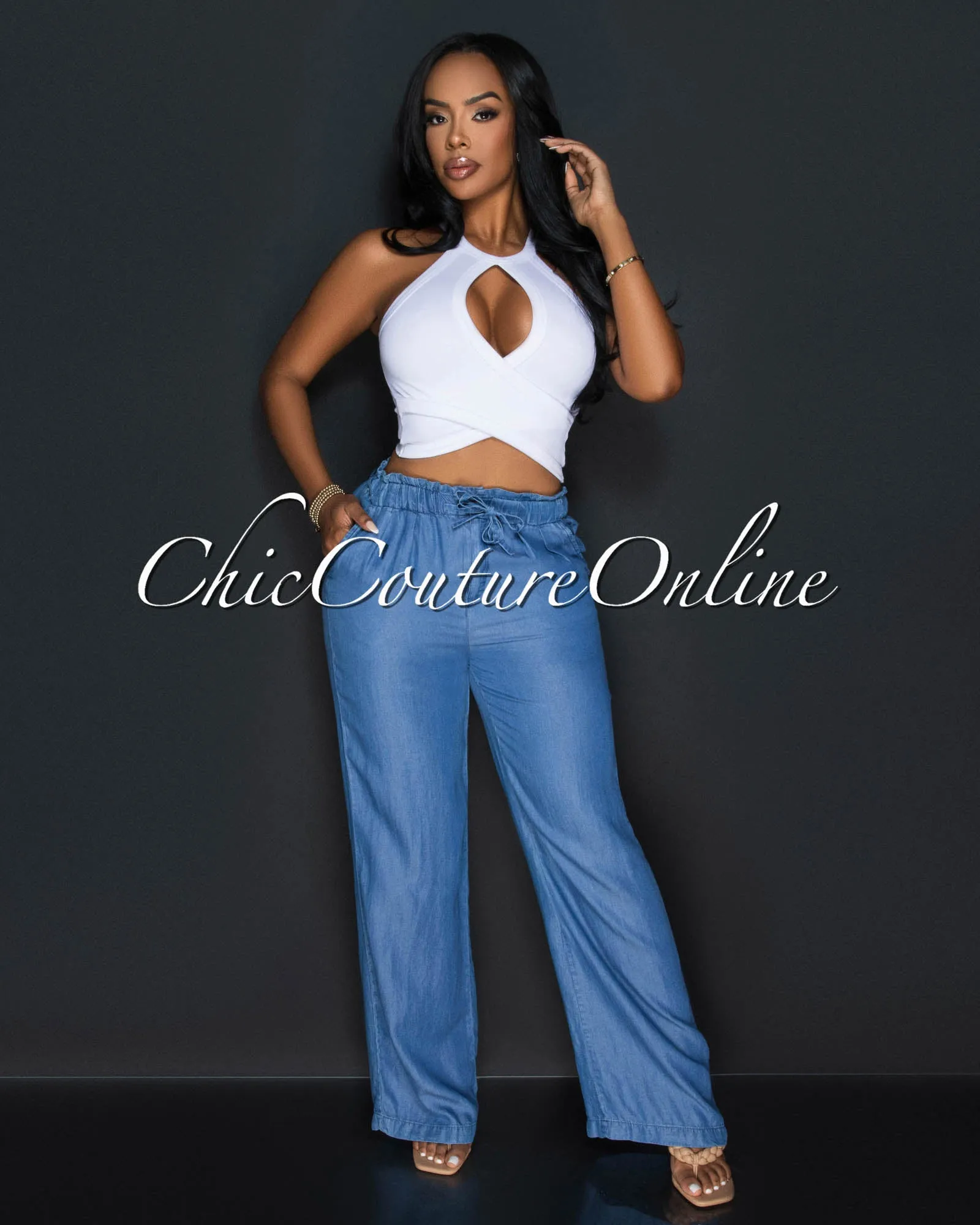 *Massima Medium Blue Chambray Wide Pants sold by Chic Couture