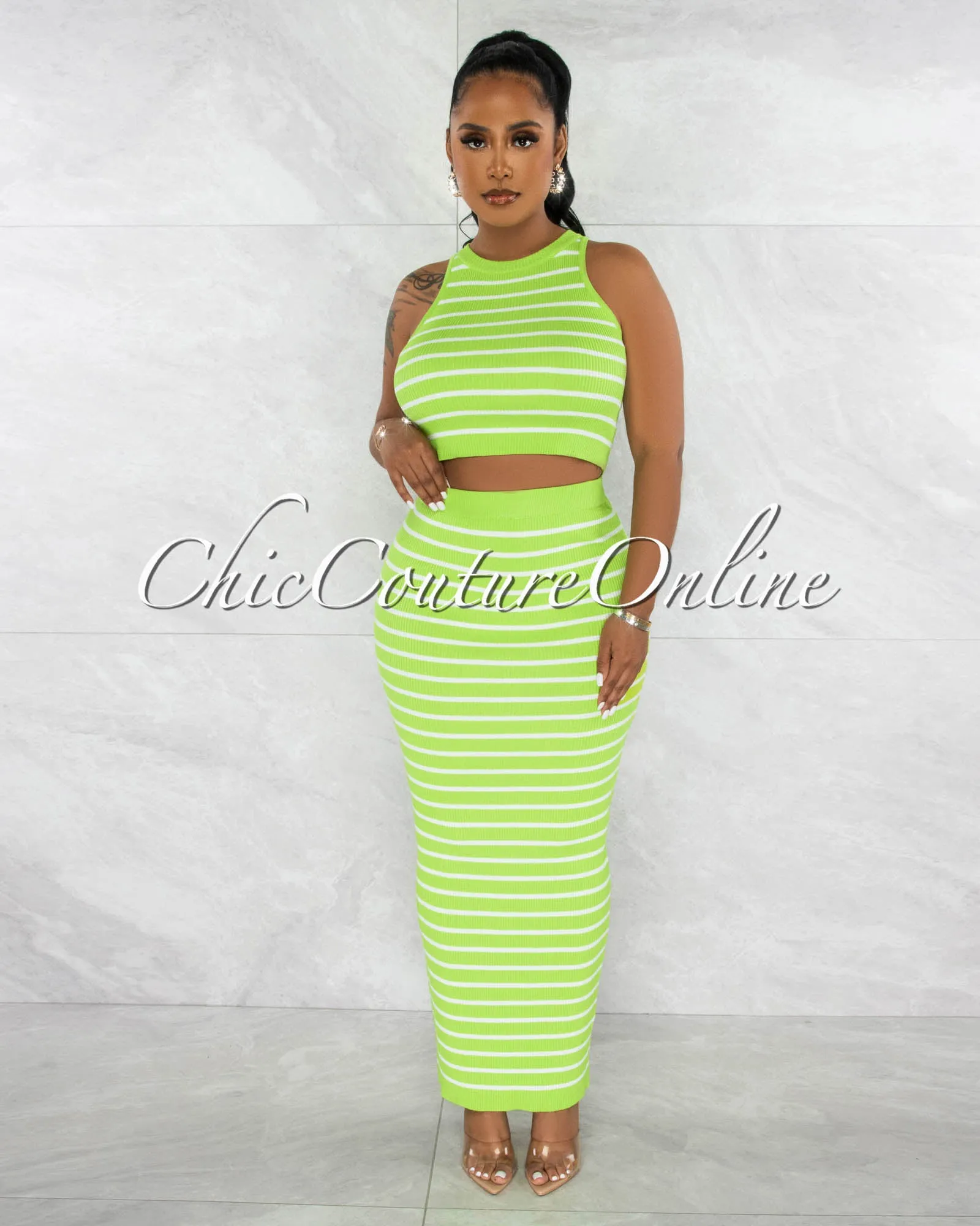 Berry Green White Crop Top & Maxi Skirt Knit Set sold by Chic Couture product image thumbnail 2