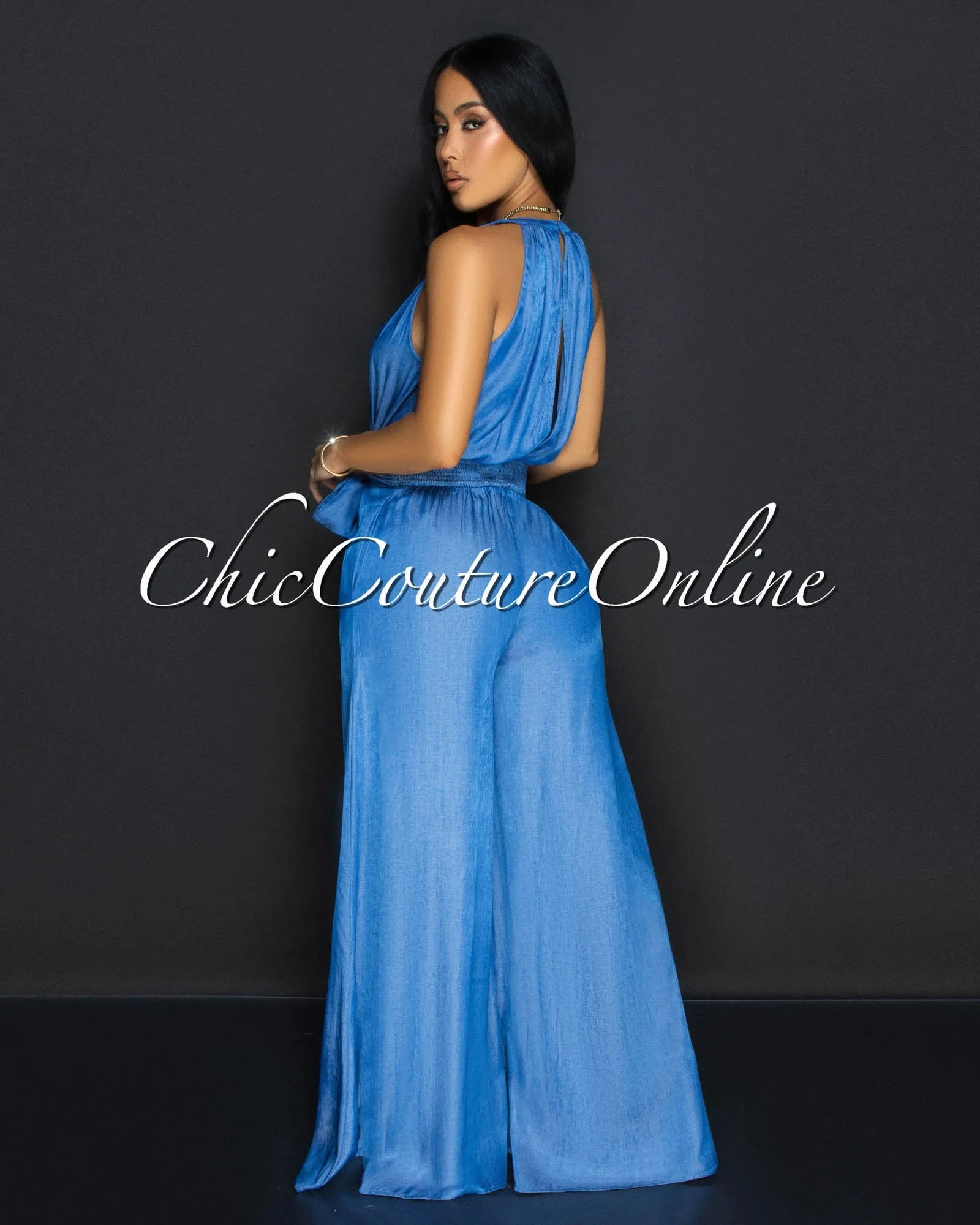 Halana Medium Denim Chambray Halter Jumpsuit sold by Chic Couture product image thumbnail 4