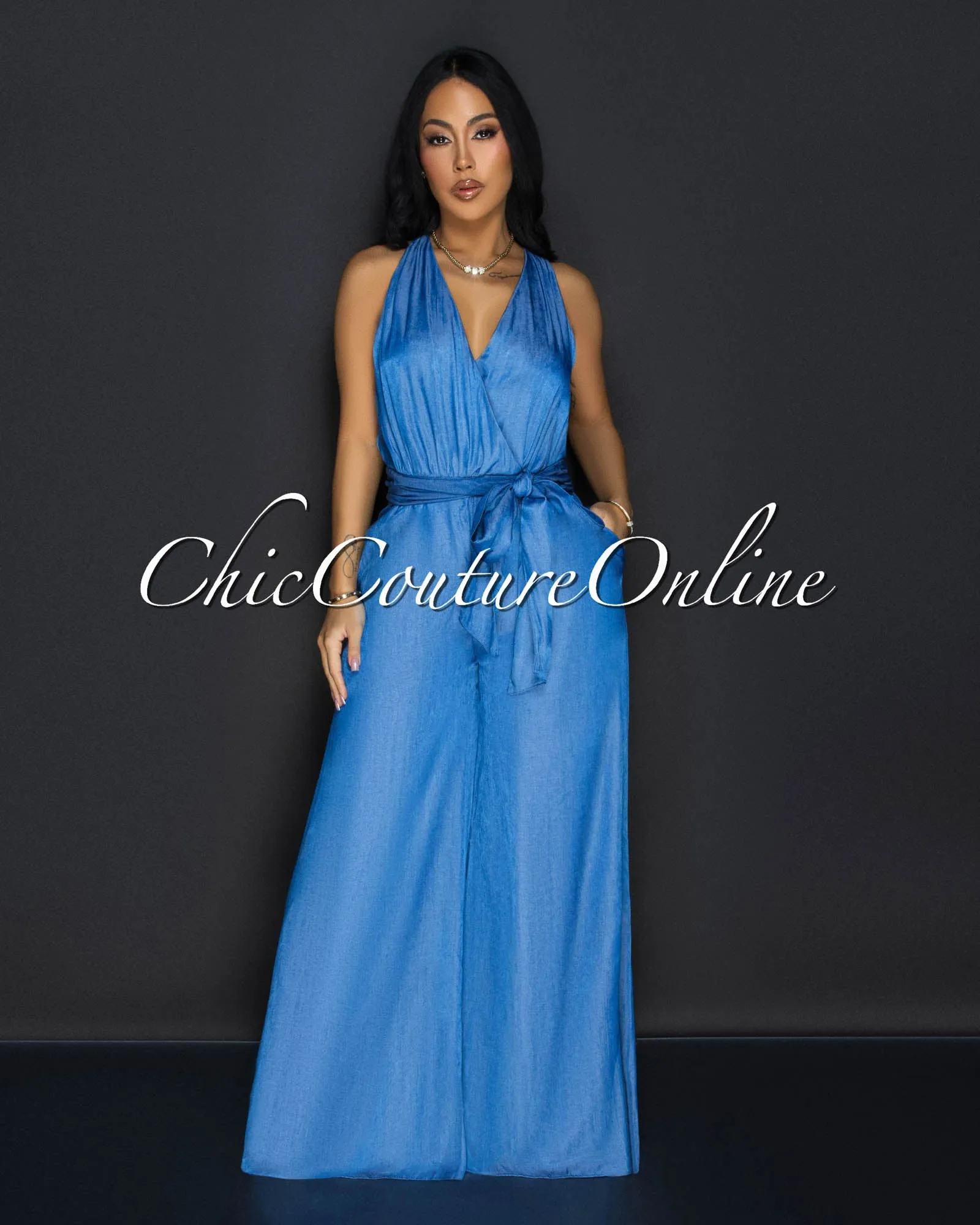 Halana Medium Denim Chambray Halter Jumpsuit sold by Chic Couture