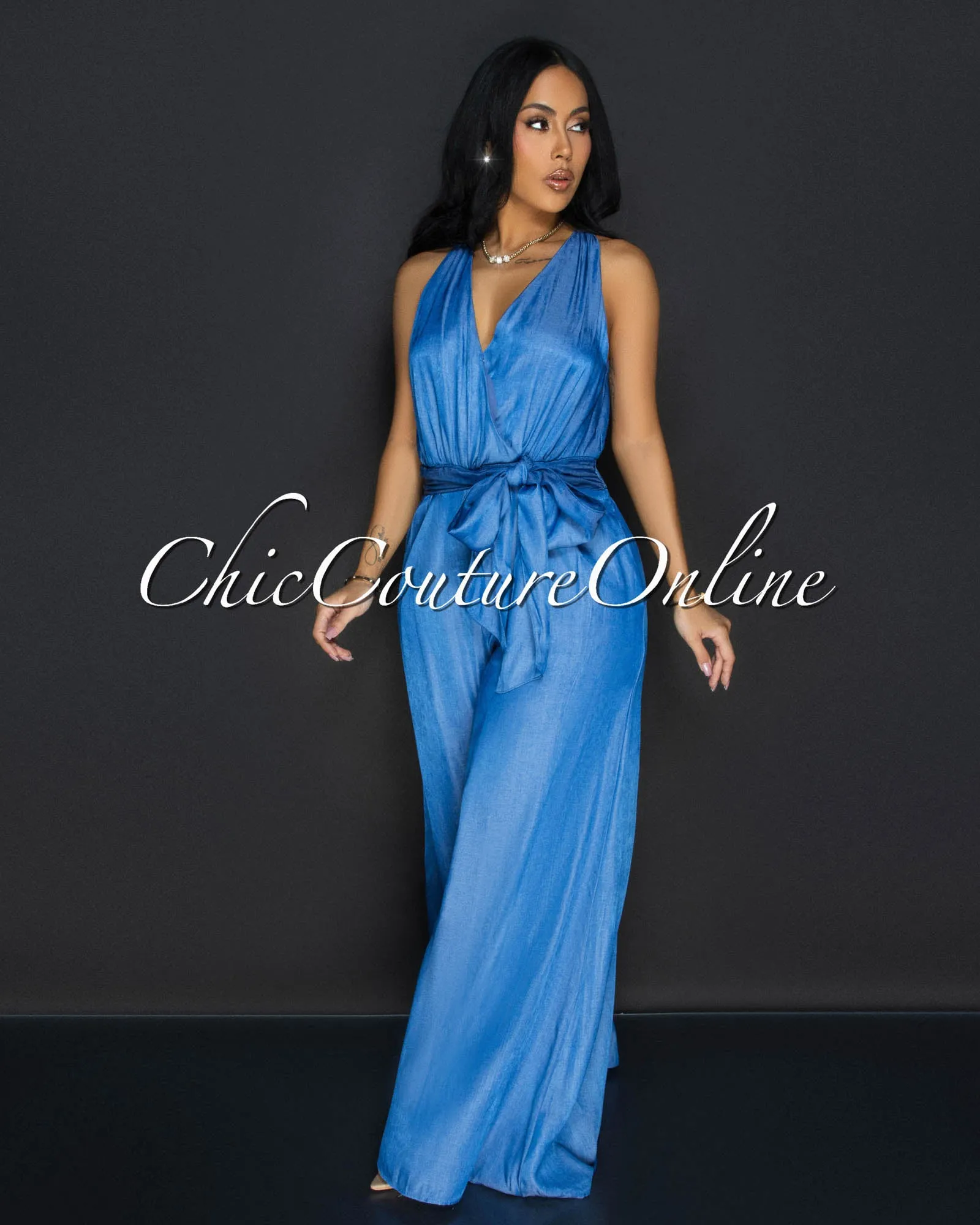 Halana Medium Denim Chambray Halter Jumpsuit sold by Chic Couture product image thumbnail 3