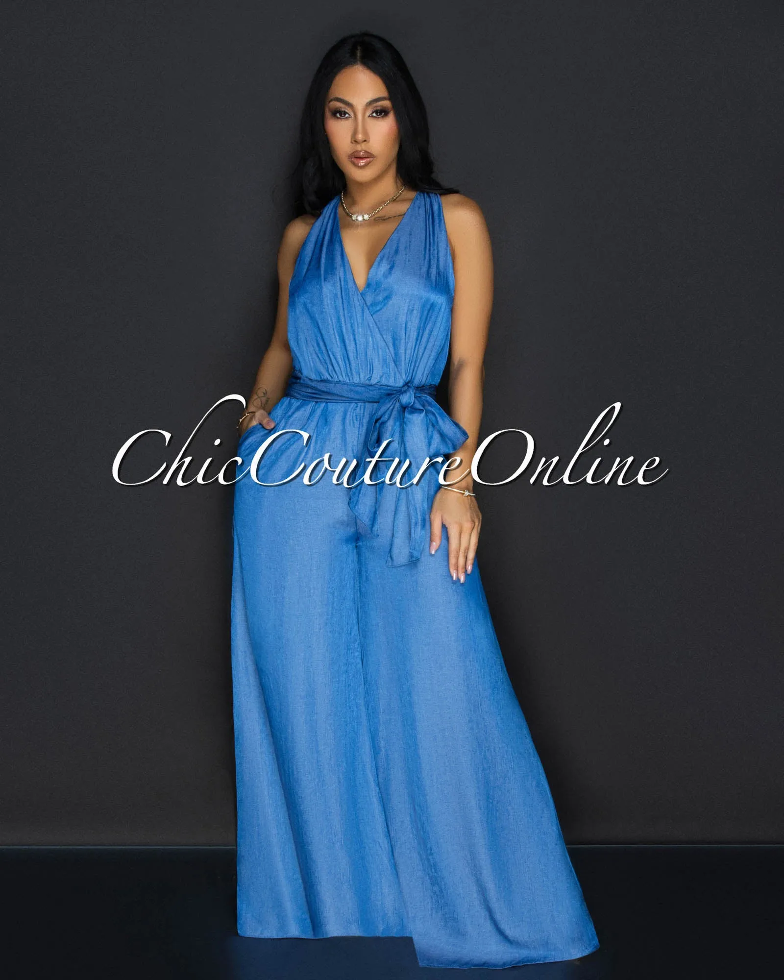 Halana Medium Denim Chambray Halter Jumpsuit sold by Chic Couture product image thumbnail 2