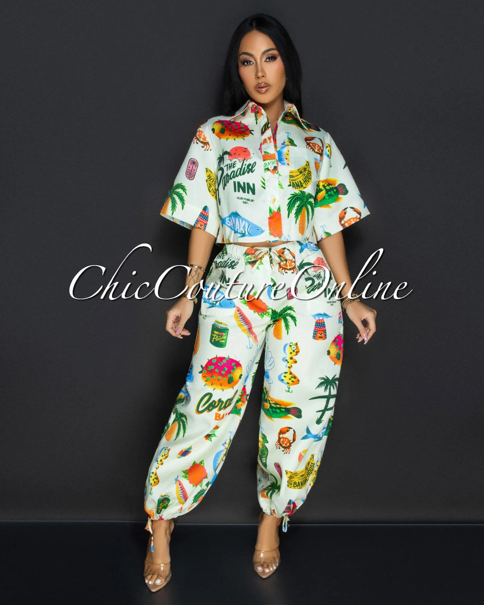 Koah Cream Tropical Crop Top & Joggers Set sold by Chic Couture
