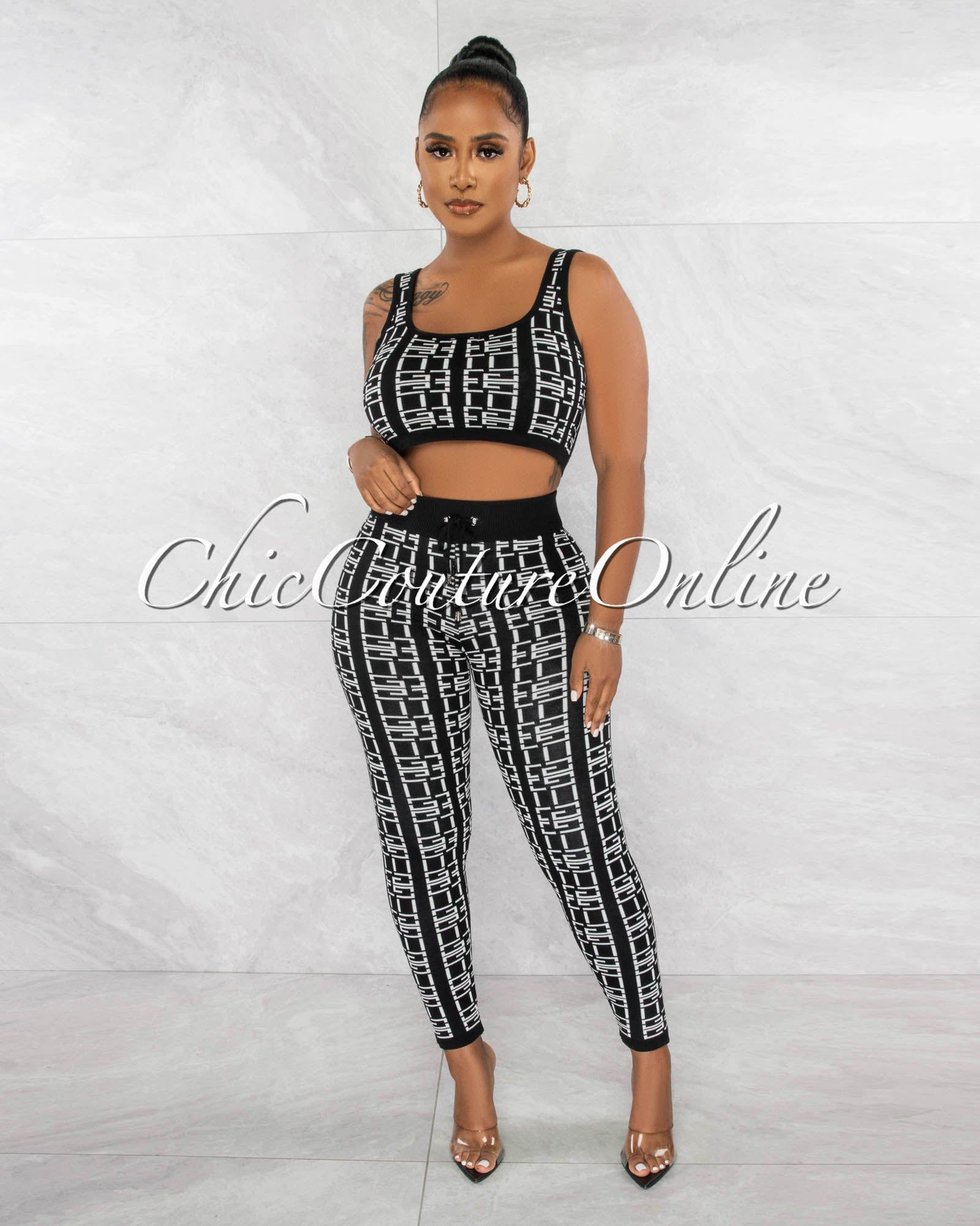 Celeste Black White Fret Print Crop Top & Leggings Knit Set sold by Chic Couture