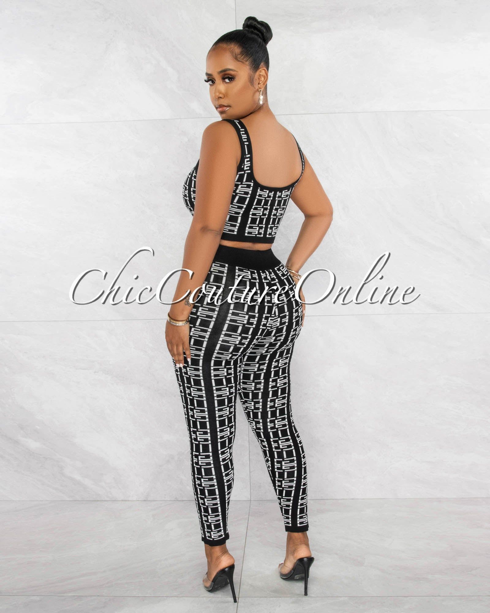 Celeste Black White Fret Print Crop Top & Leggings Knit Set sold by Chic Couture product image thumbnail 3