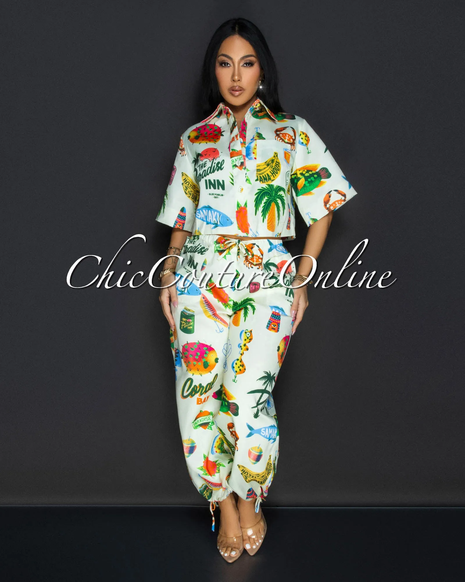 Koah Cream Tropical Crop Top & Joggers Set sold by Chic Couture product image thumbnail 2