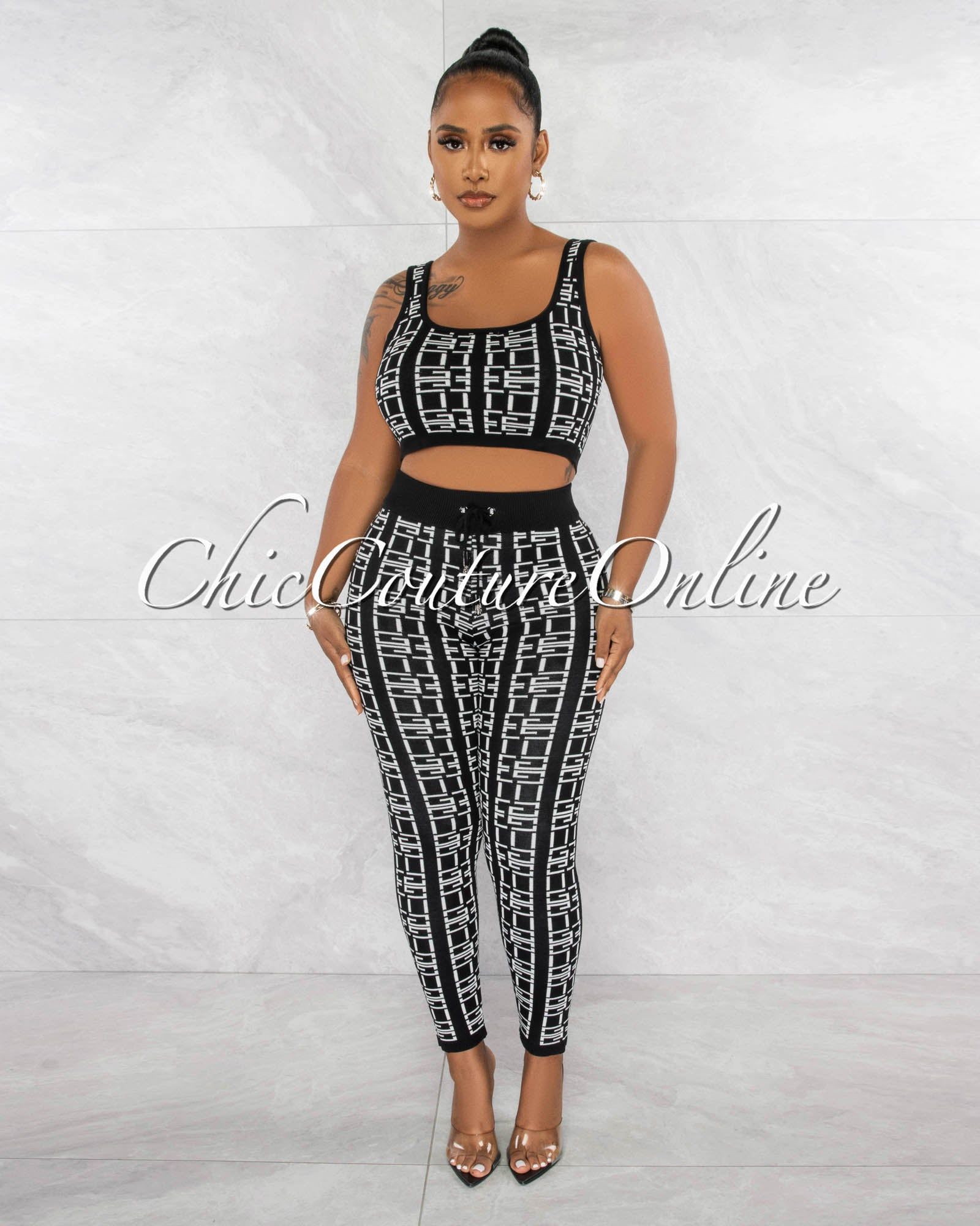 Celeste Black White Fret Print Crop Top & Leggings Knit Set sold by Chic Couture product image thumbnail 2