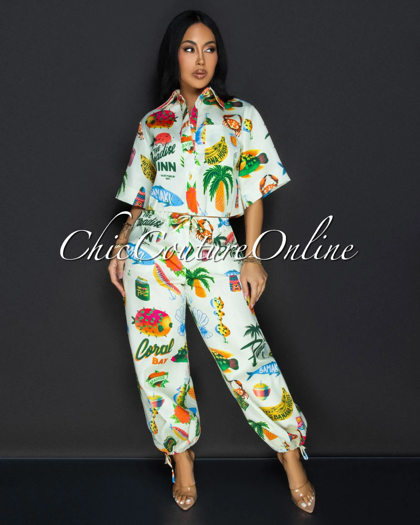 Koah Cream Tropical Crop Top & Joggers Set sold by Chic Couture product image thumbnail 3