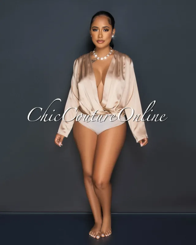 Terria Nude Long Sleeves Draped Silky Bodysuit sold by Chic Couture