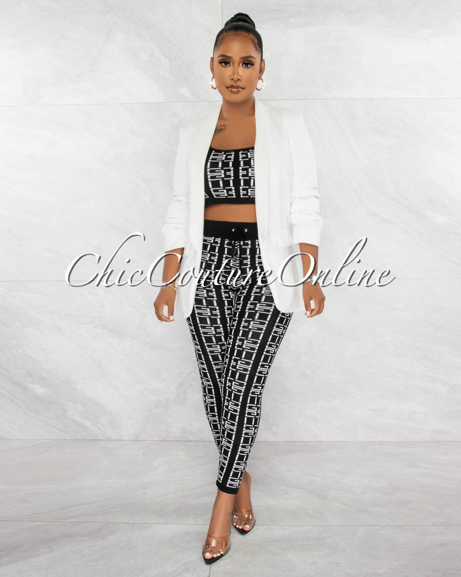 Celeste Black White Fret Print Crop Top & Leggings Knit Set sold by Chic Couture product image thumbnail 5