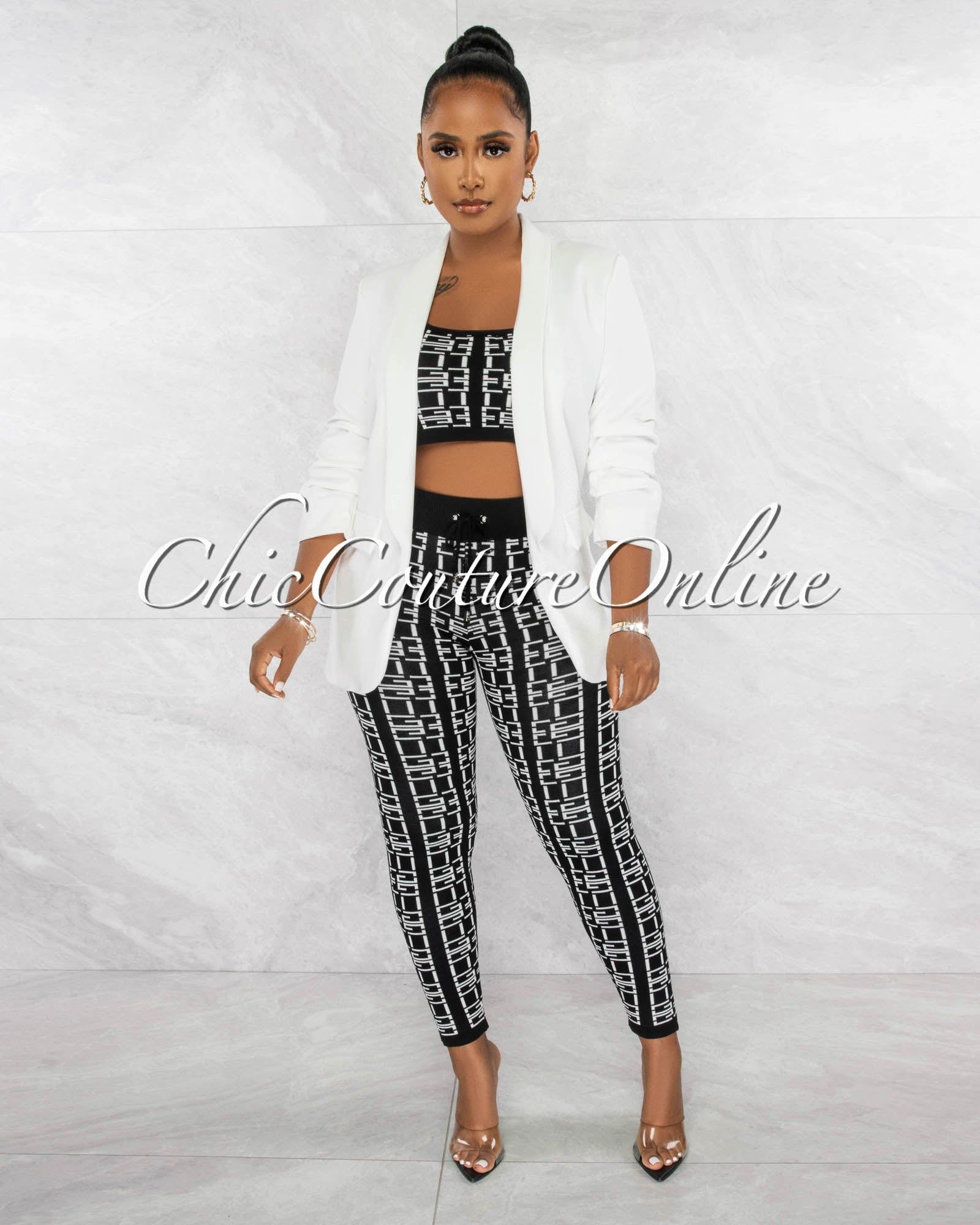 Celeste Black White Fret Print Crop Top & Leggings Knit Set sold by Chic Couture product image thumbnail 4