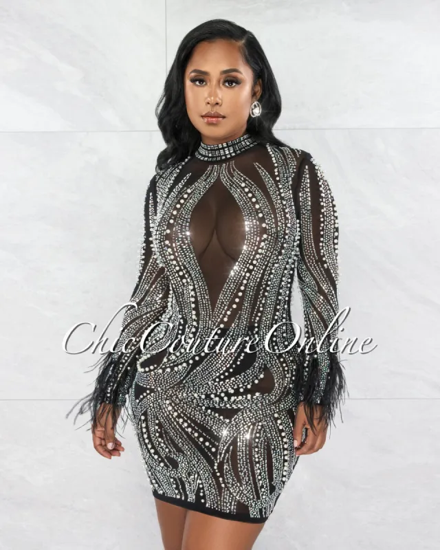 *Laurel Black Rhinestones Pearls & Feathers Mesh Mini Dress sold by Chic Couture