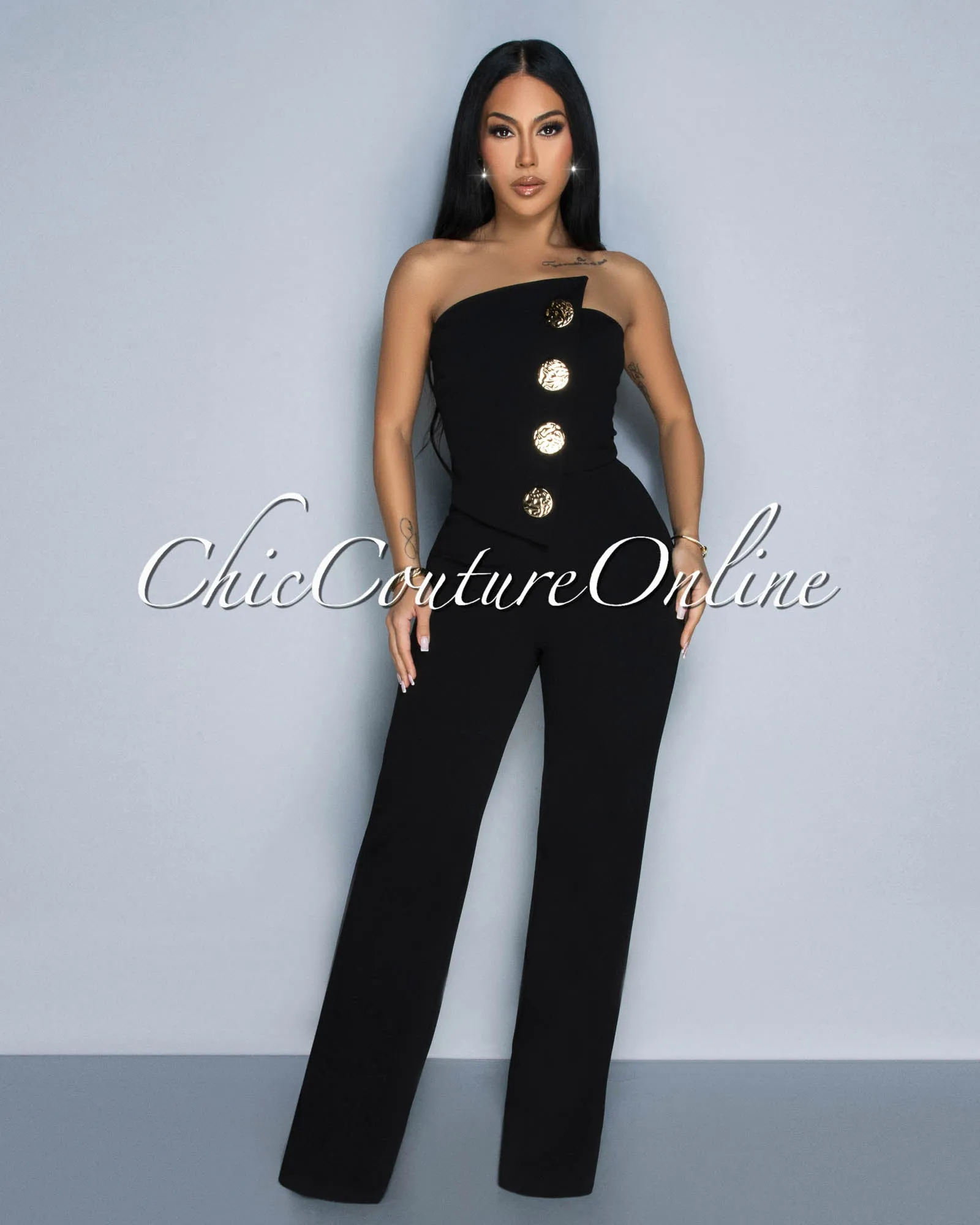 Amiri Black Gold Accent Button Strapless Widelegs Jumpsuit sold by Chic Couture