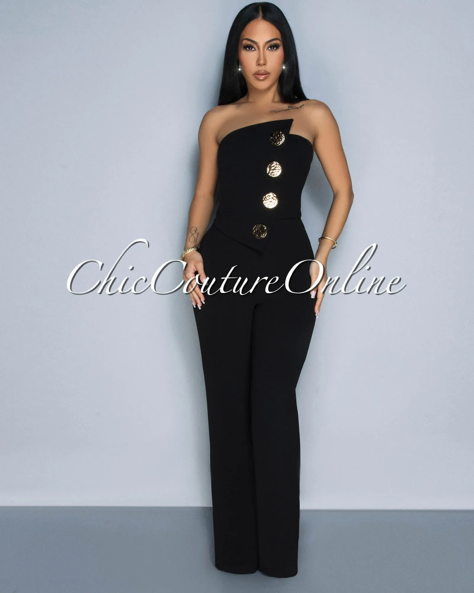 Amiri Black Gold Accent Button Strapless Widelegs Jumpsuit sold by Chic Couture product image thumbnail 2