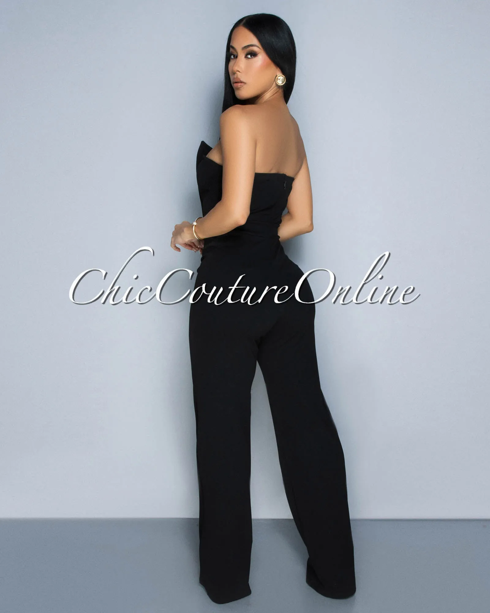 Amiri Black Gold Accent Button Strapless Widelegs Jumpsuit sold by Chic Couture product image thumbnail 4