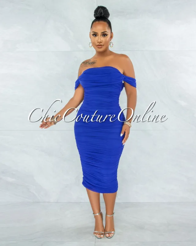*Becca Royal Blue Mesh Overlay Ruched Off-The Shoulder Dress sold by Chic Couture