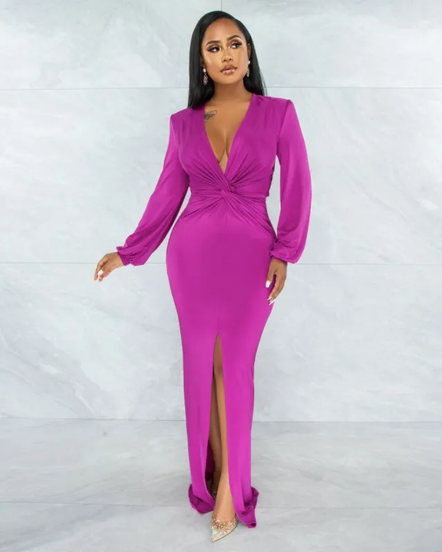 Parker Magenta Plunging V-Neck Front Knot Maxi Dress sold by Chic Couture