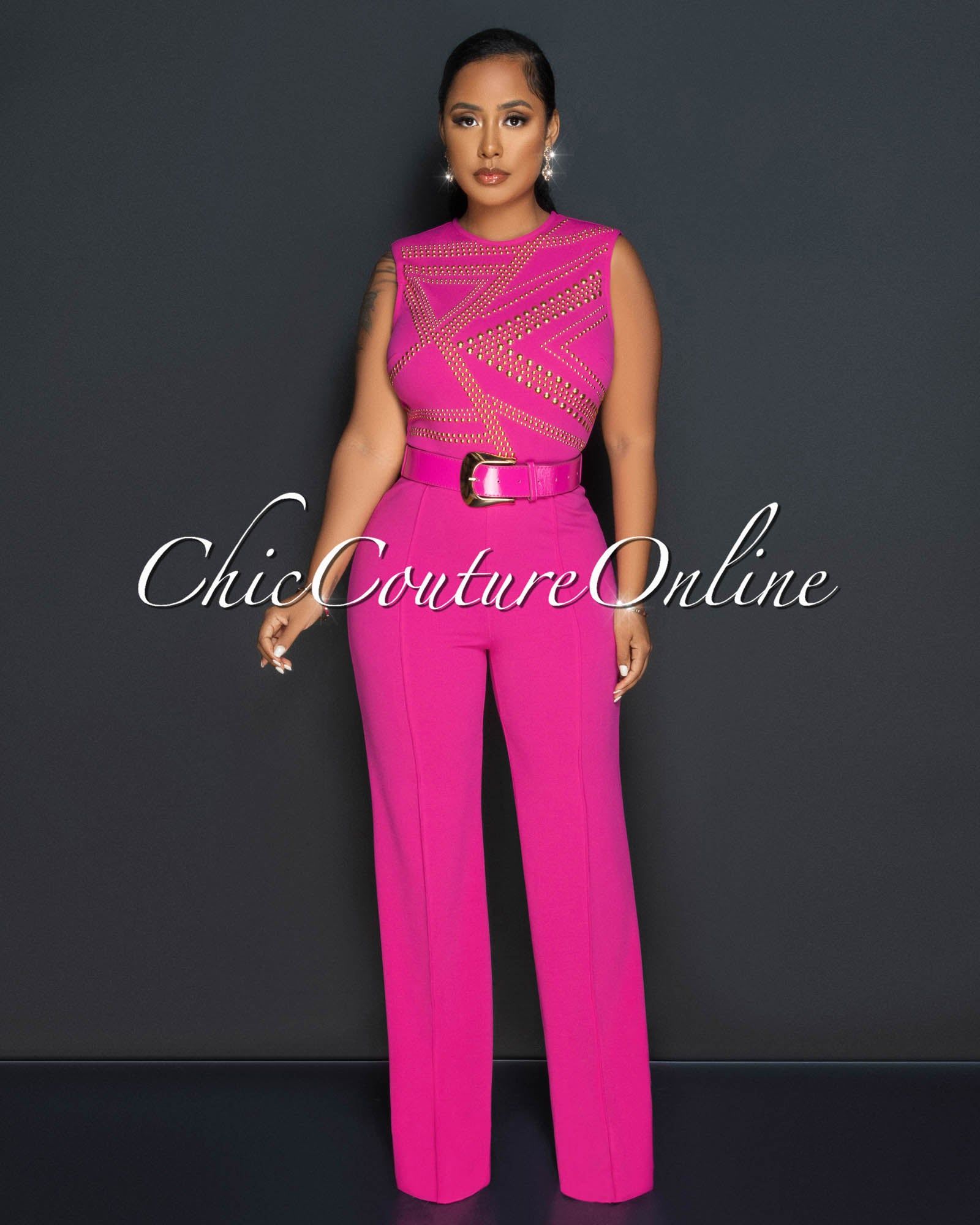 Marlisa Fuchsia Gold Studs Gold Buckle Belt Jumpsuit sold by Chic Couture product image thumbnail 2