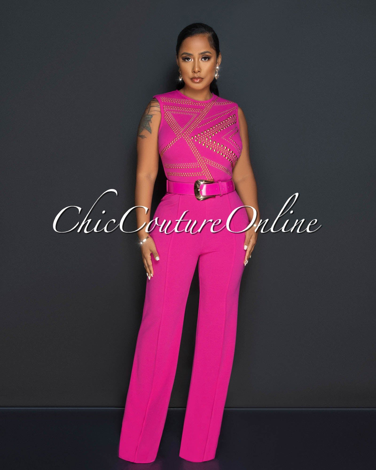 Marlisa Fuchsia Gold Studs Gold Buckle Belt Jumpsuit sold by Chic Couture