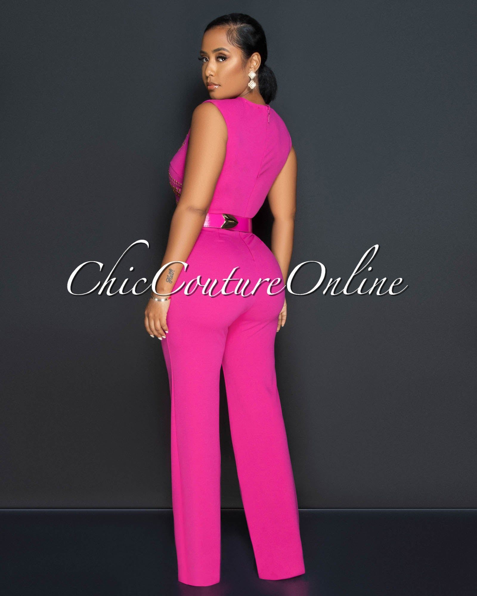 Marlisa Fuchsia Gold Studs Gold Buckle Belt Jumpsuit sold by Chic Couture product image thumbnail 3