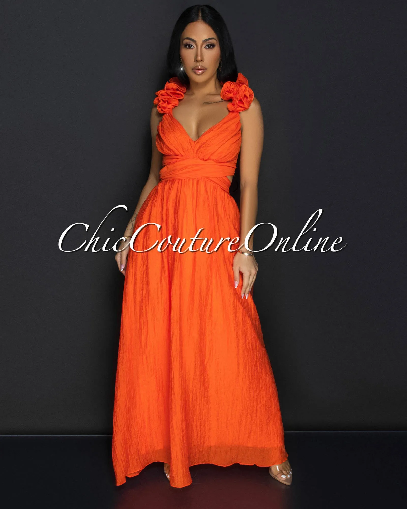 Cianna Orange Ruffle Lace-Up Back Maxi Dress sold by Chic Couture product image thumbnail 2