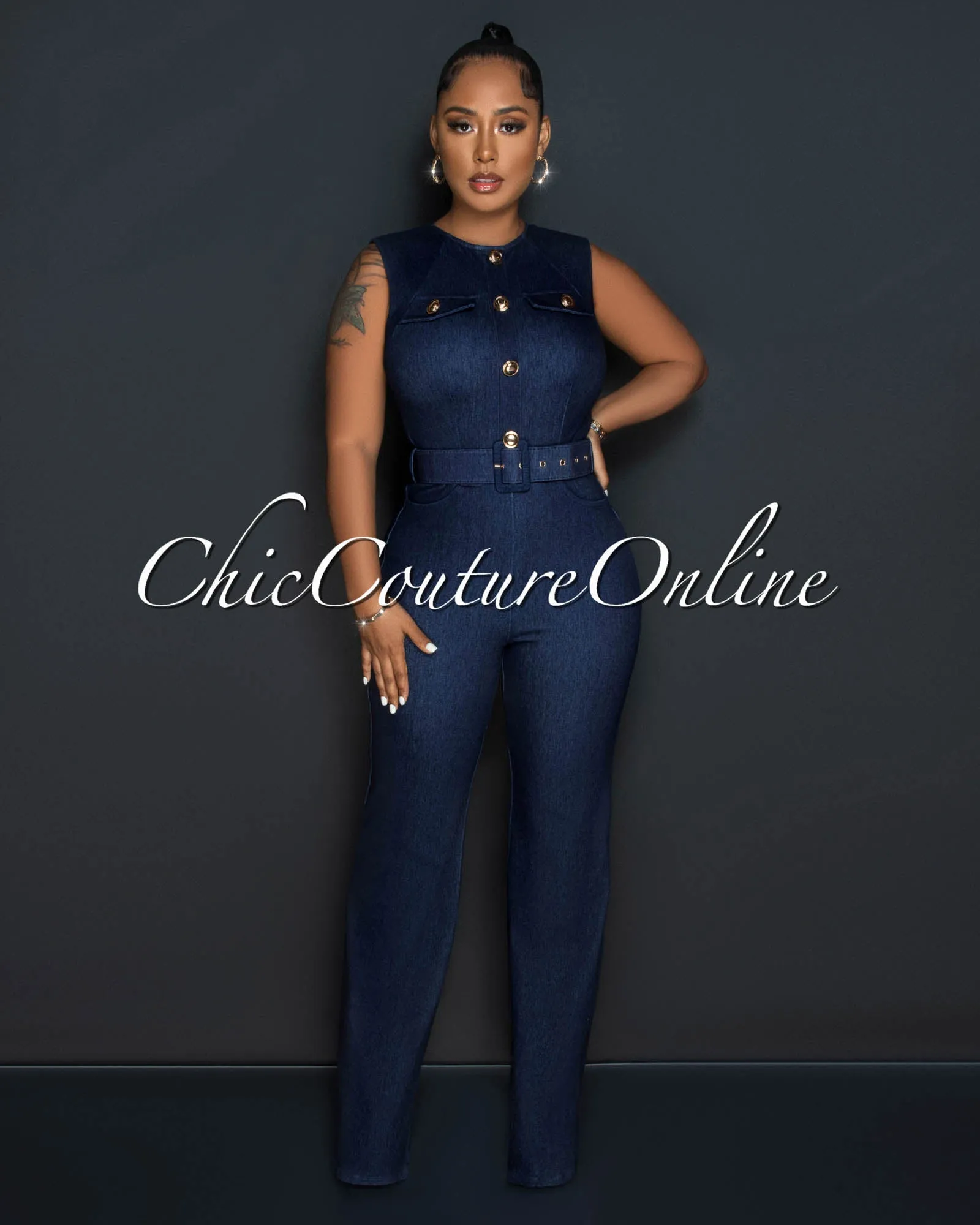 Barlow Dark Denim Gold Buttons Belted Jumpsuit sold by Chic Couture