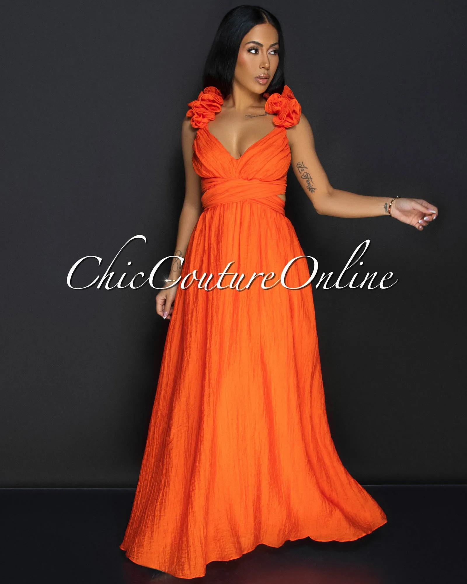 Cianna Orange Ruffle Lace-Up Back Maxi Dress sold by Chic Couture