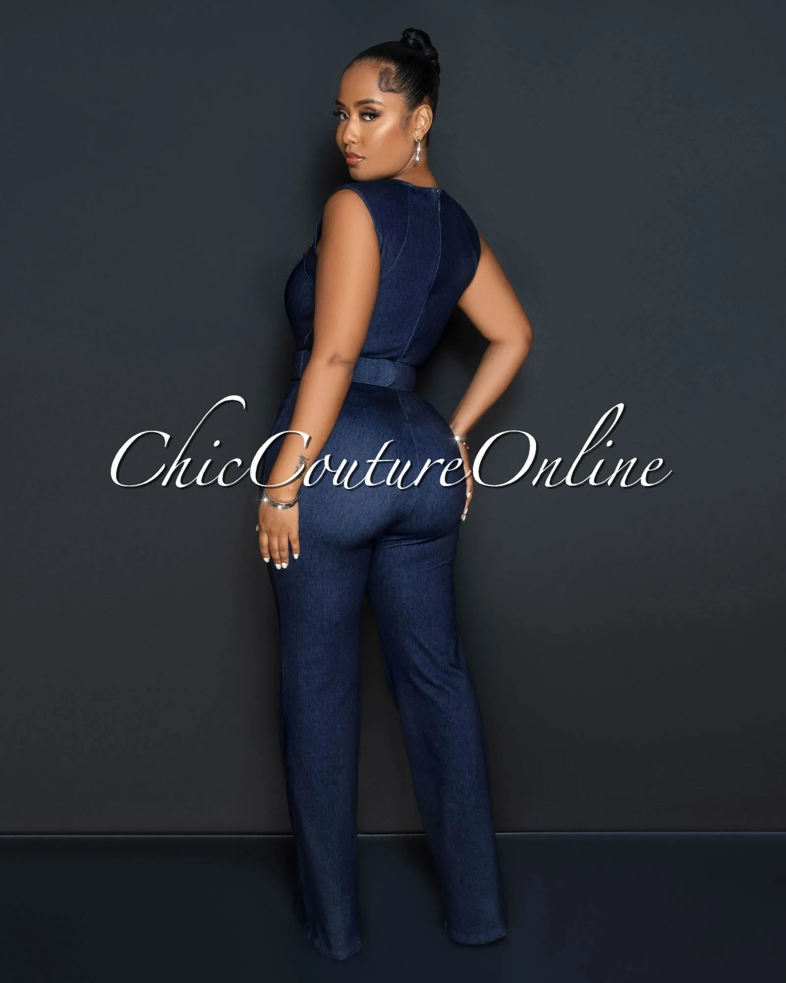Barlow Dark Denim Gold Buttons Belted Jumpsuit sold by Chic Couture product image thumbnail 4