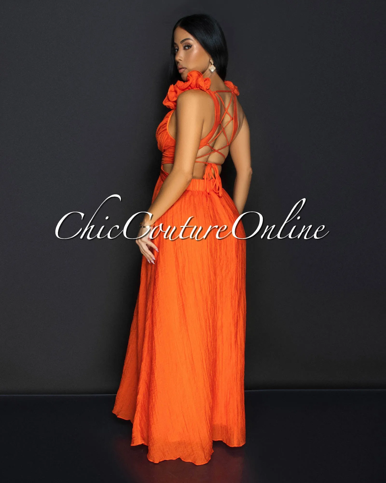 Cianna Orange Ruffle Lace-Up Back Maxi Dress sold by Chic Couture product image thumbnail 3