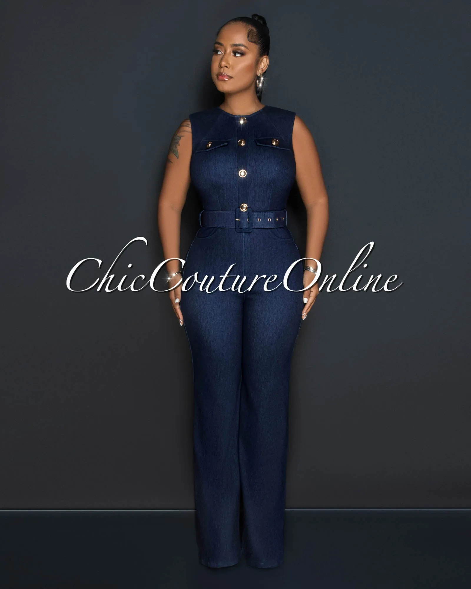 Barlow Dark Denim Gold Buttons Belted Jumpsuit sold by Chic Couture product image thumbnail 2