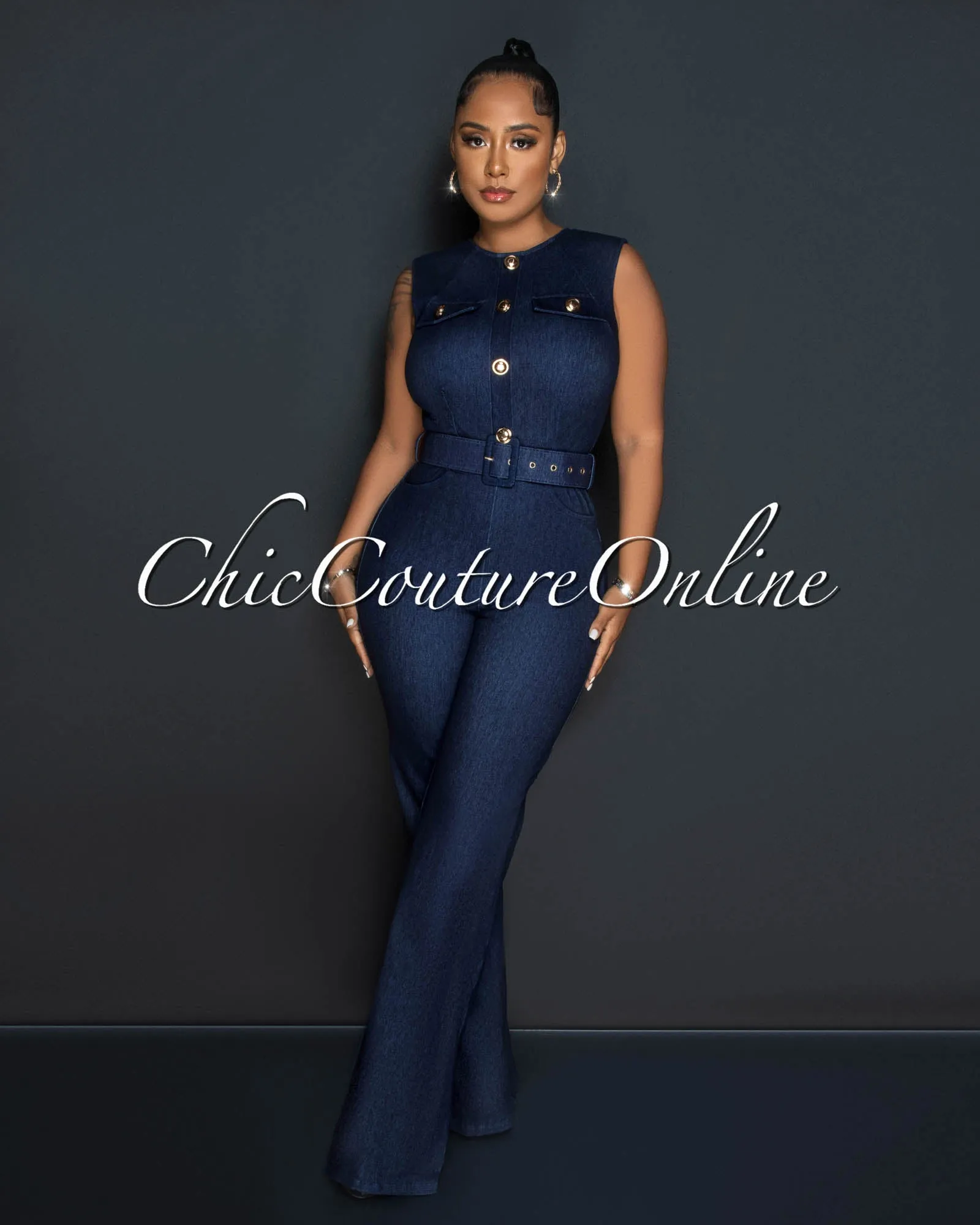 Barlow Dark Denim Gold Buttons Belted Jumpsuit sold by Chic Couture product image thumbnail 3