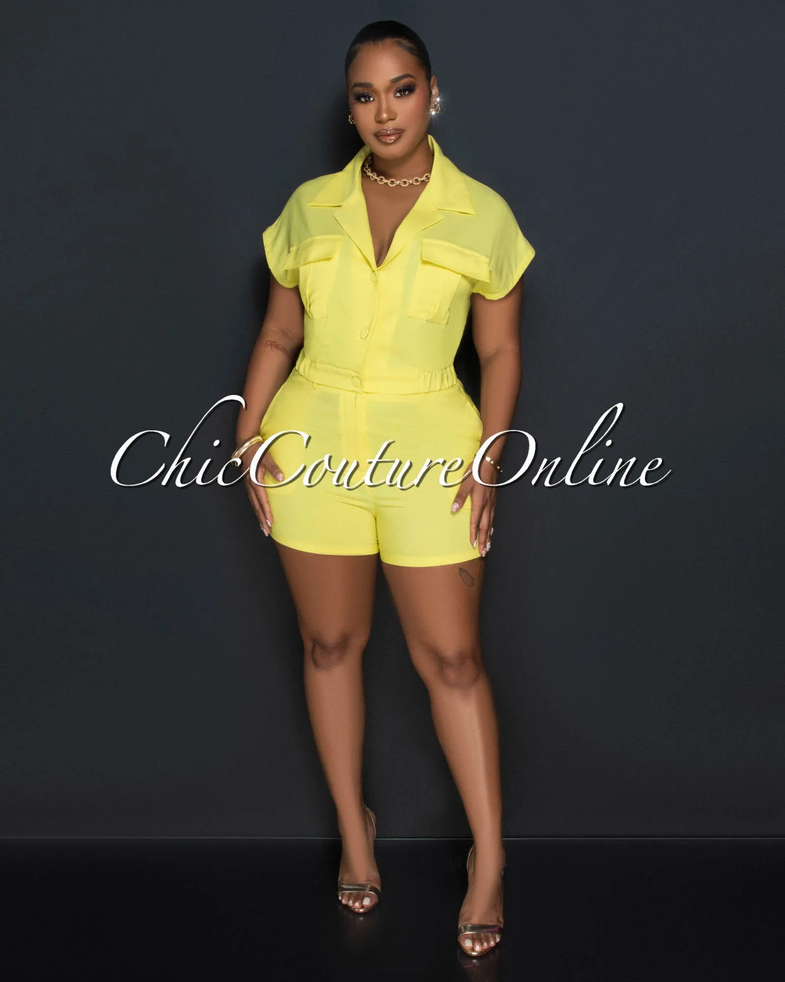 *Raith Yellow Cargo Pockets Crop Top & Shorts Set sold by Chic Couture product image thumbnail 2