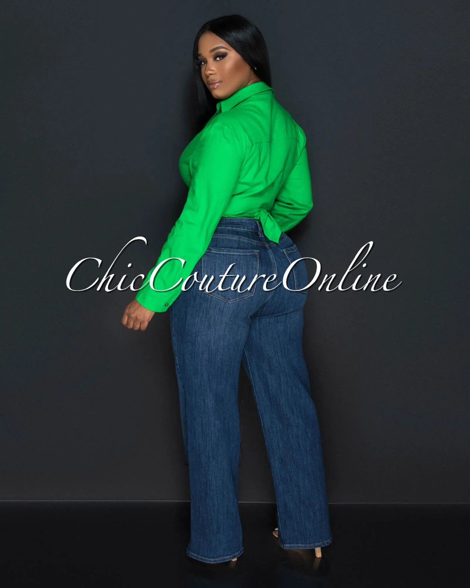 Arena Kelly Green Front Tie Linen Blouse sold by Chic Couture product image thumbnail 4
