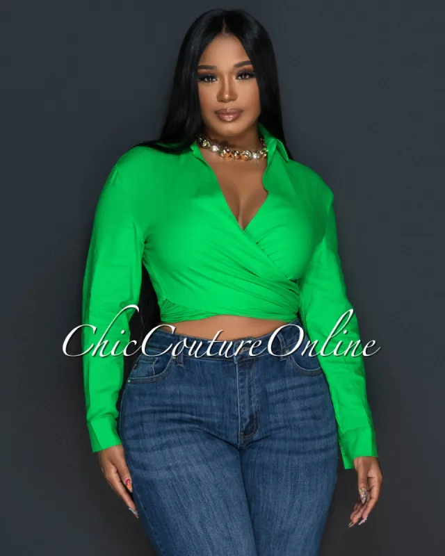 Arena Kelly Green Front Tie Linen Blouse sold by Chic Couture