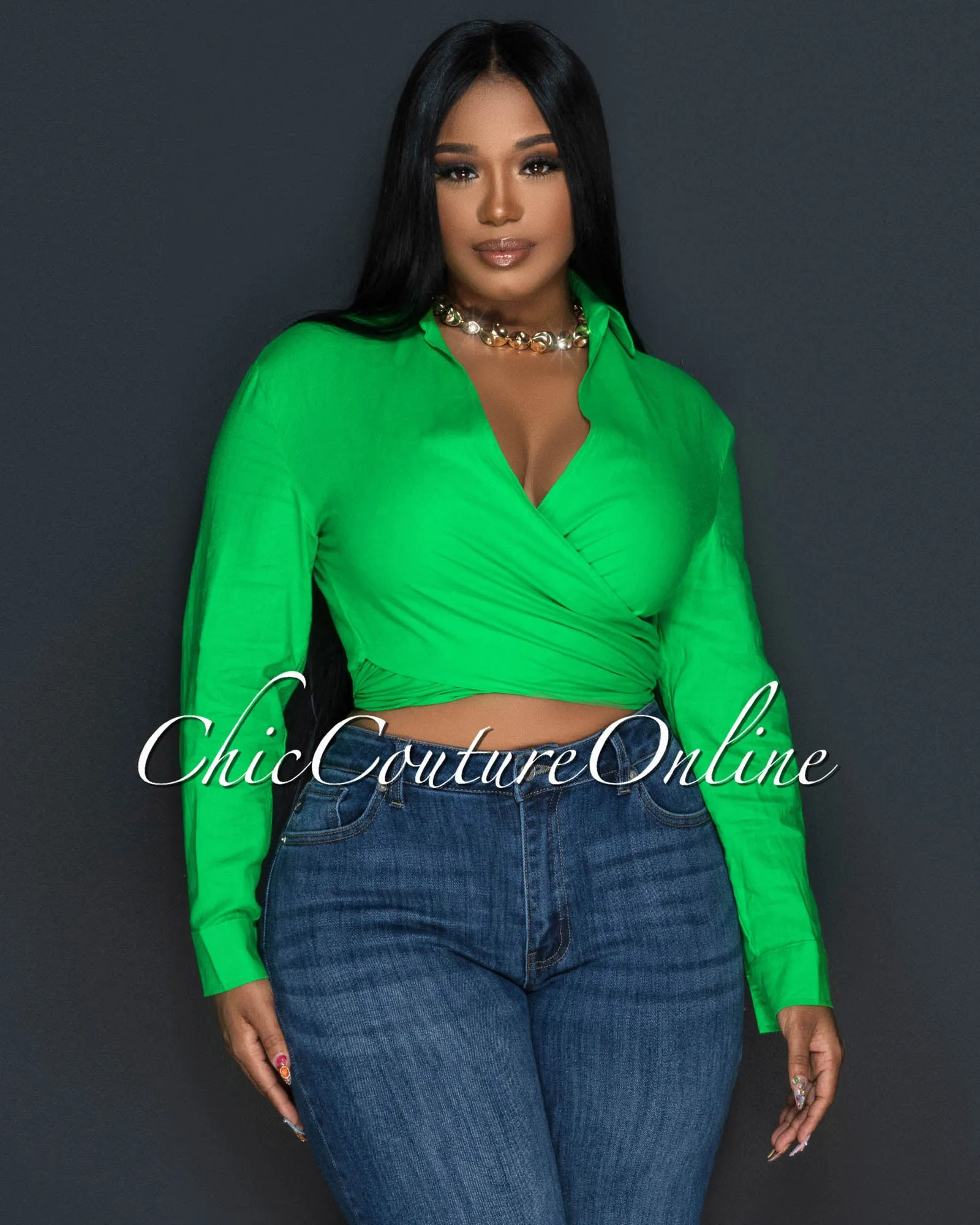 Arena Kelly Green Front Tie Linen Blouse sold by Chic Couture
