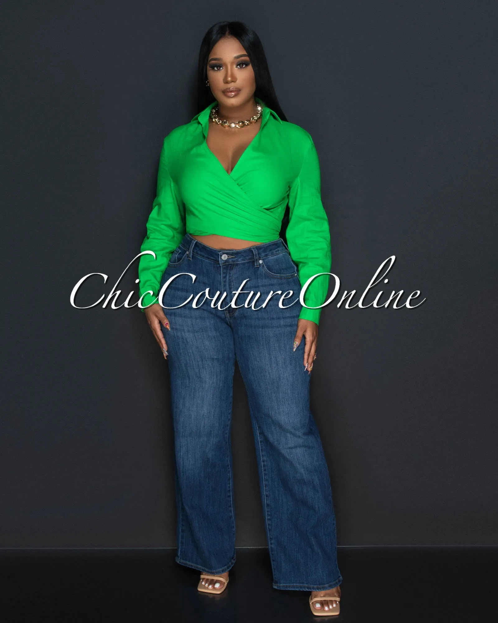 Arena Kelly Green Front Tie Linen Blouse sold by Chic Couture product image thumbnail 2