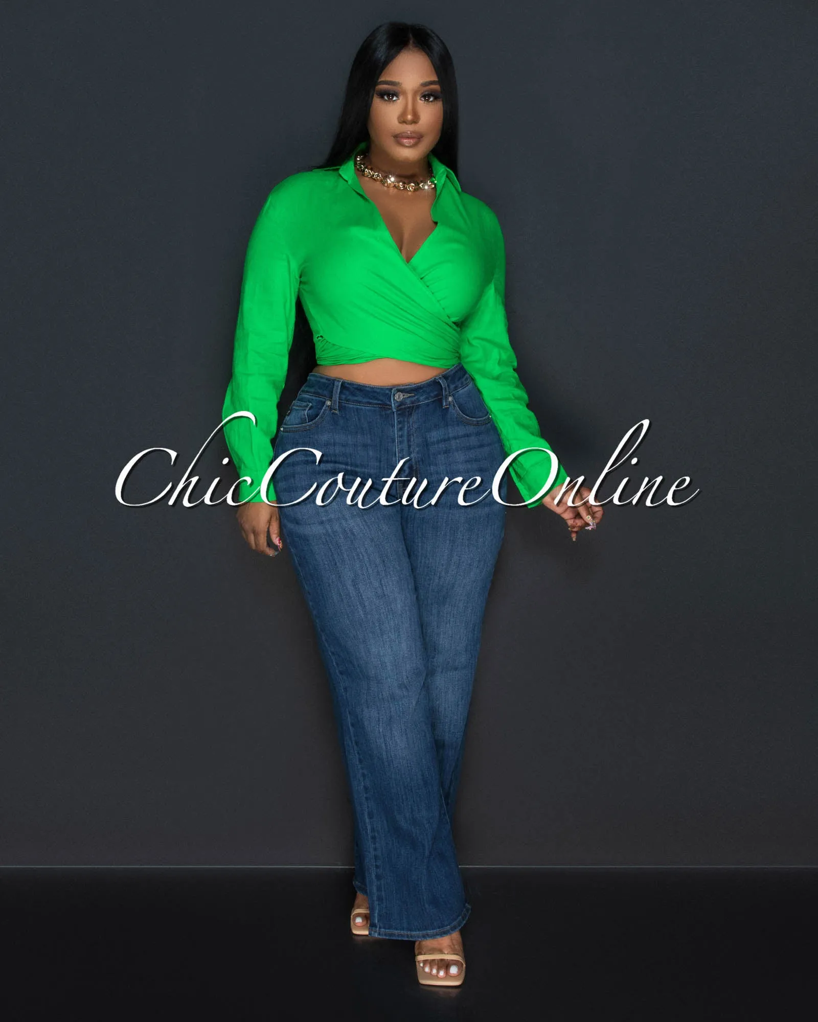 Arena Kelly Green Front Tie Linen Blouse sold by Chic Couture product image thumbnail 3