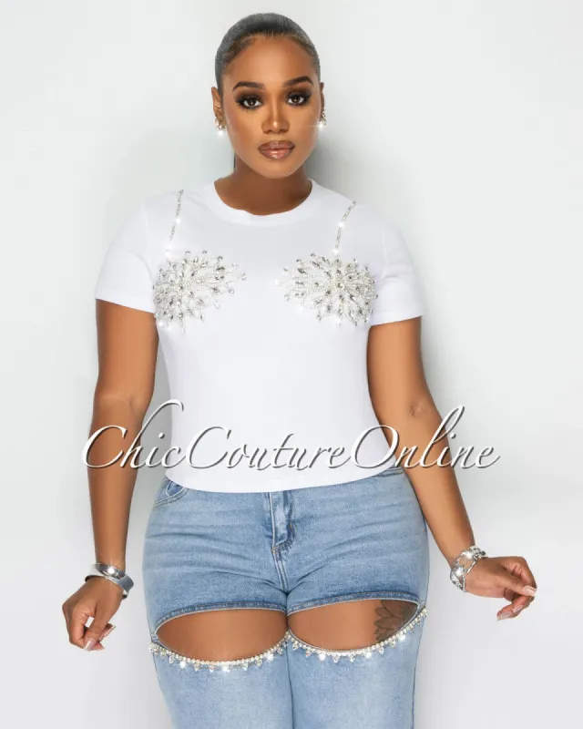 *Wisin Off-White Rhinestones Bust Accent T-Shirt sold by Chic Couture