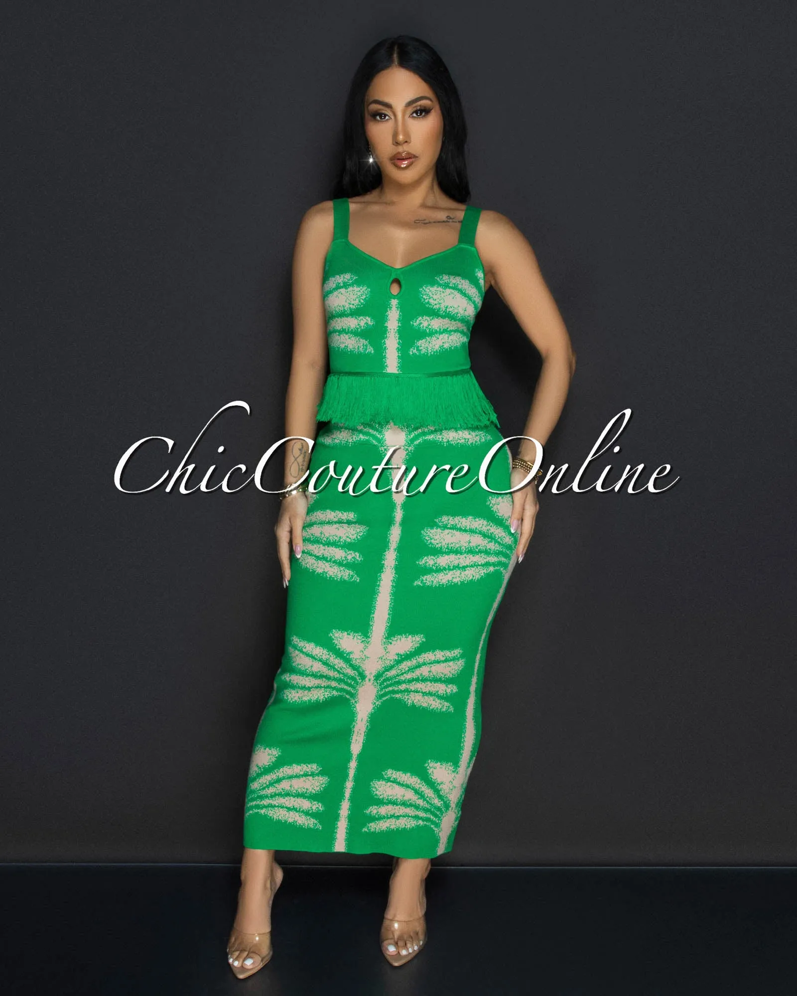 Sora Green Beige Crop Top & Maxi Skirt Knit Set sold by Chic Couture product image thumbnail 2