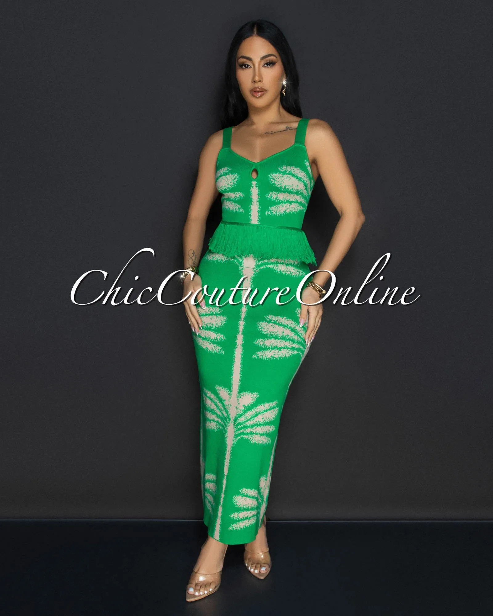 Sora Green Beige Crop Top & Maxi Skirt Knit Set sold by Chic Couture