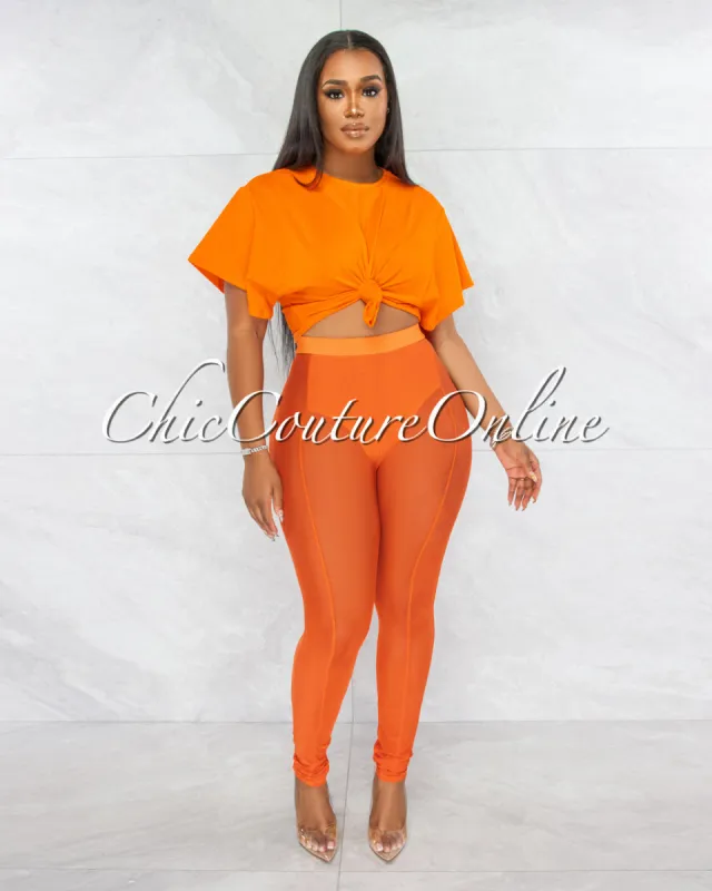 *Cherie Orange Tie Crop Top & Mesh Leggings Set sold by Chic Couture