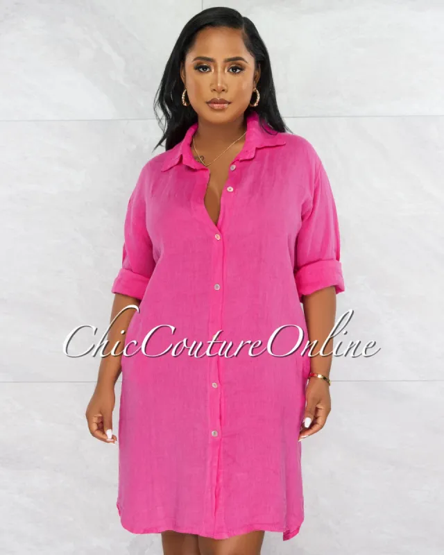 Michael Fuchsia Front Buttons Shirt LINEN Midi Dress sold by Chic Couture