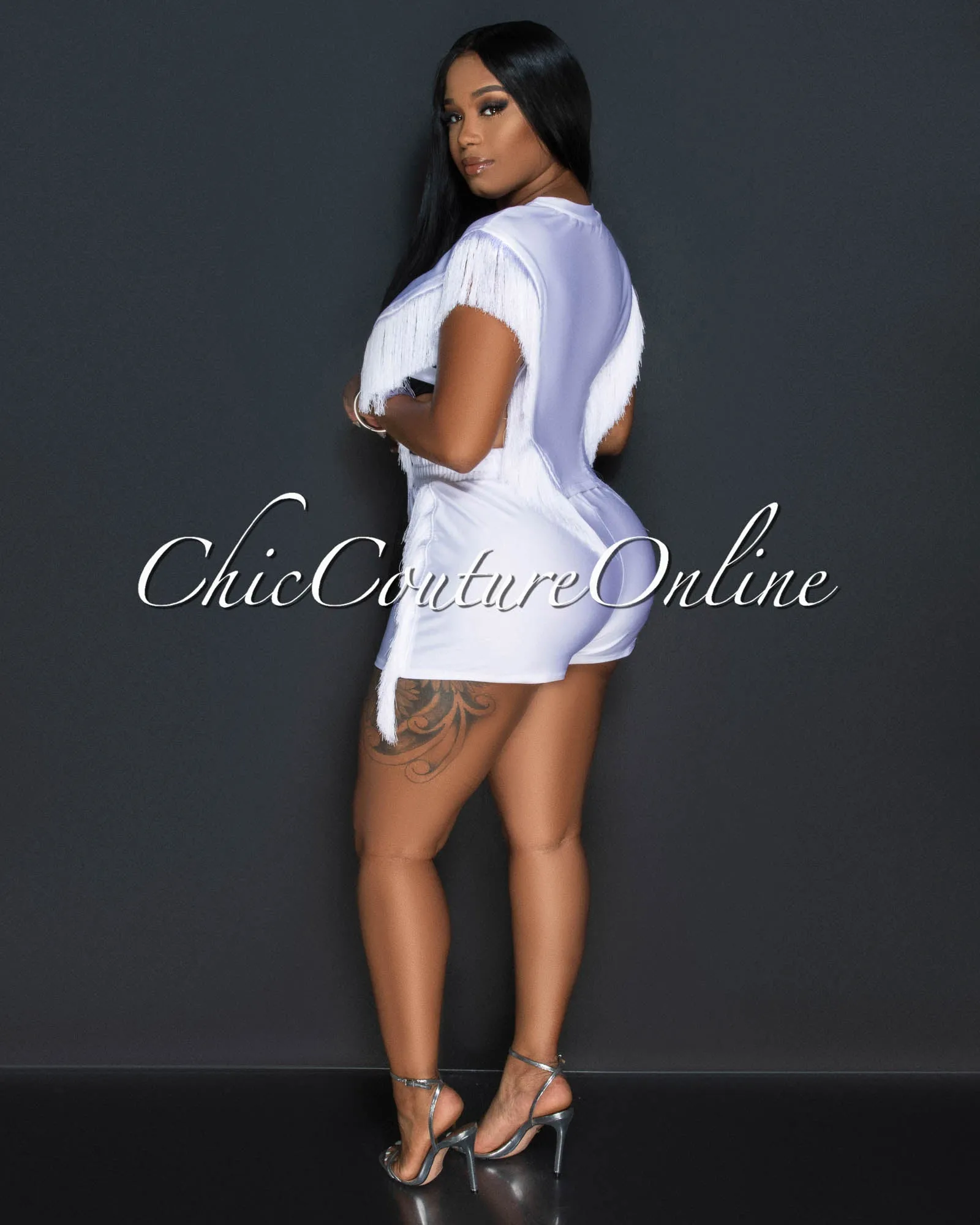 Arturo White Fringe Open Sides Top & Shorts Set sold by Chic Couture product image thumbnail 3