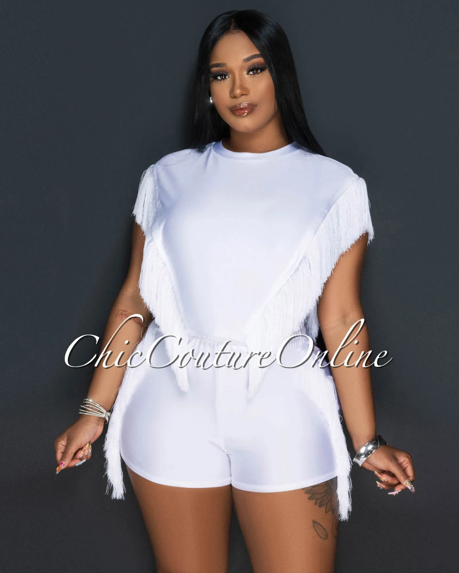 Arturo White Fringe Open Sides Top & Shorts Set sold by Chic Couture product image thumbnail 4