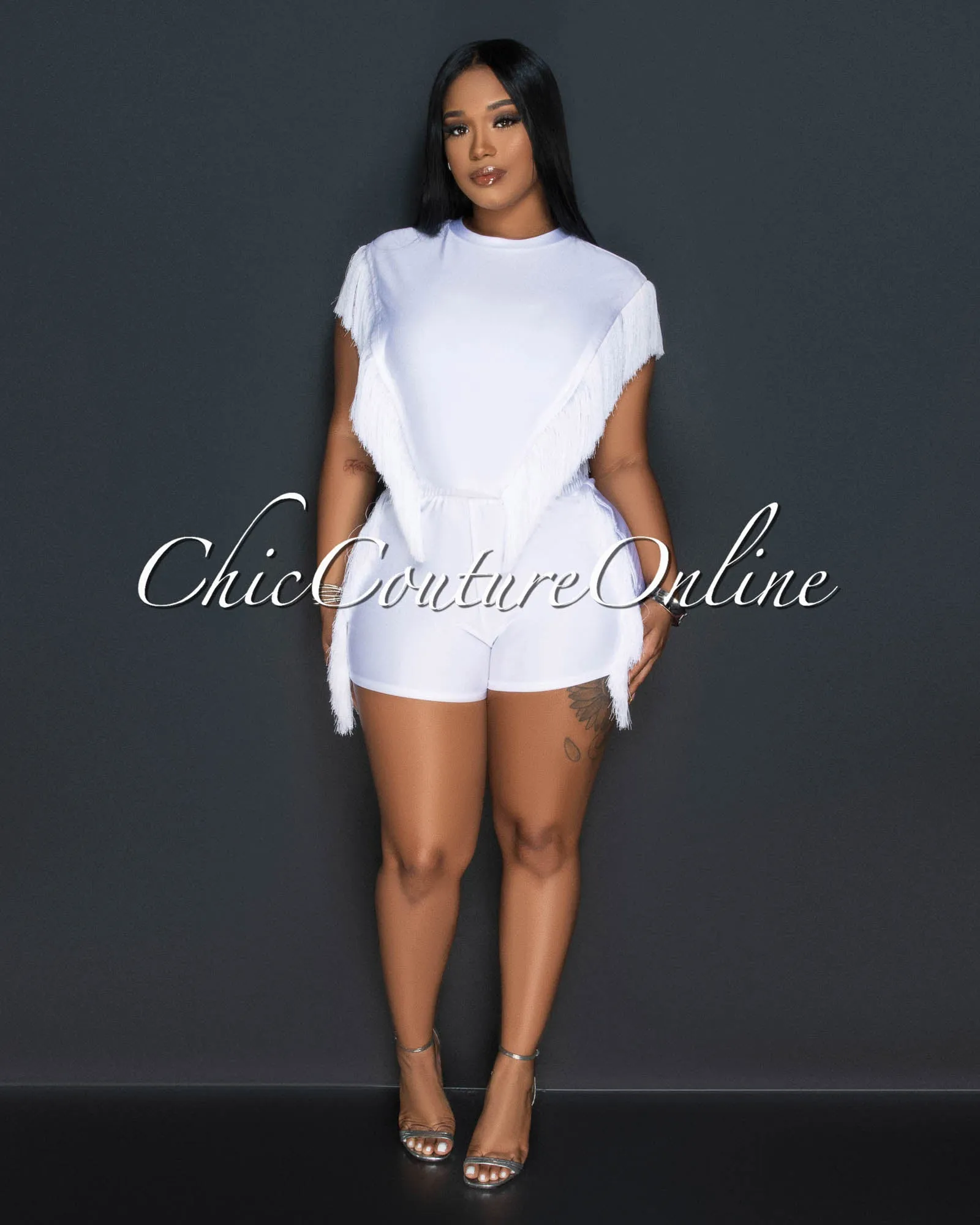 Arturo White Fringe Open Sides Top & Shorts Set sold by Chic Couture