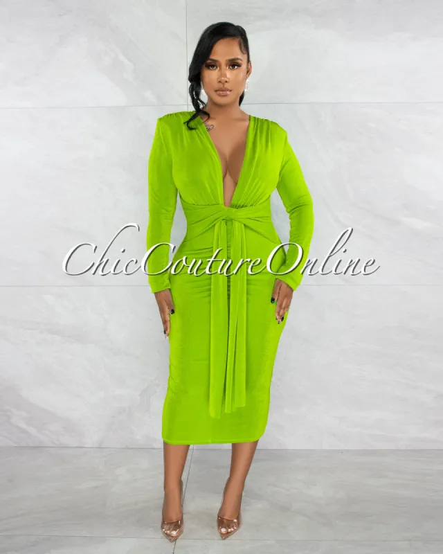 *Inez Green Deep V Neckline Draped Midi Dress sold by Chic Couture