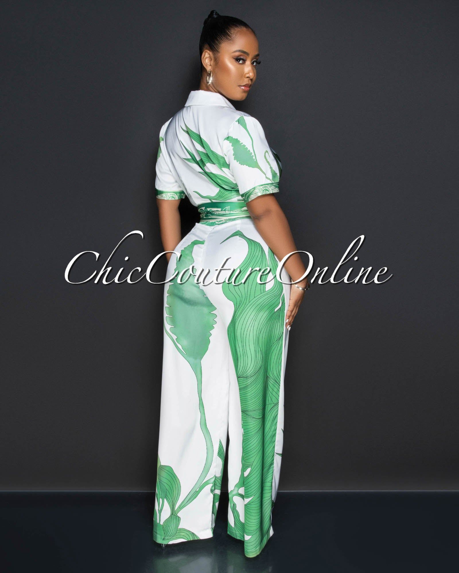 Raney White Green Print Crop Top & Wide Pants Silky Set sold by Chic Couture product image thumbnail 3
