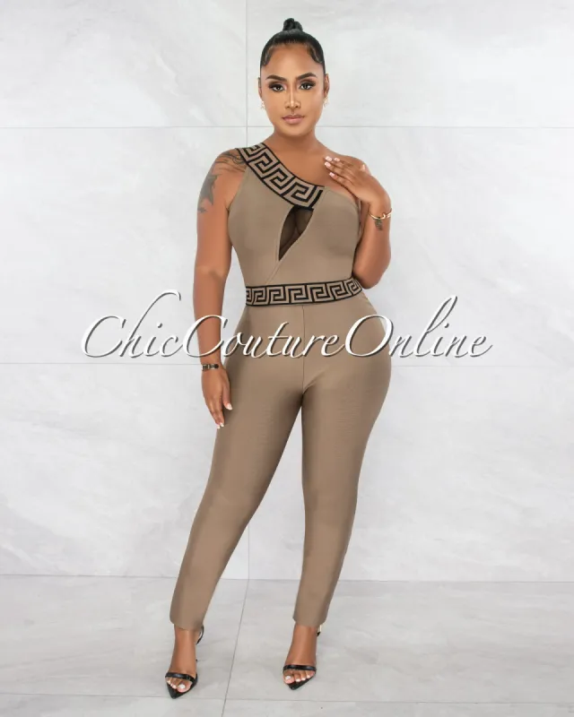 *Linnea Nude Black Fret Trim Single Shoulder Bandage Jumpsuit sold by Chic Couture