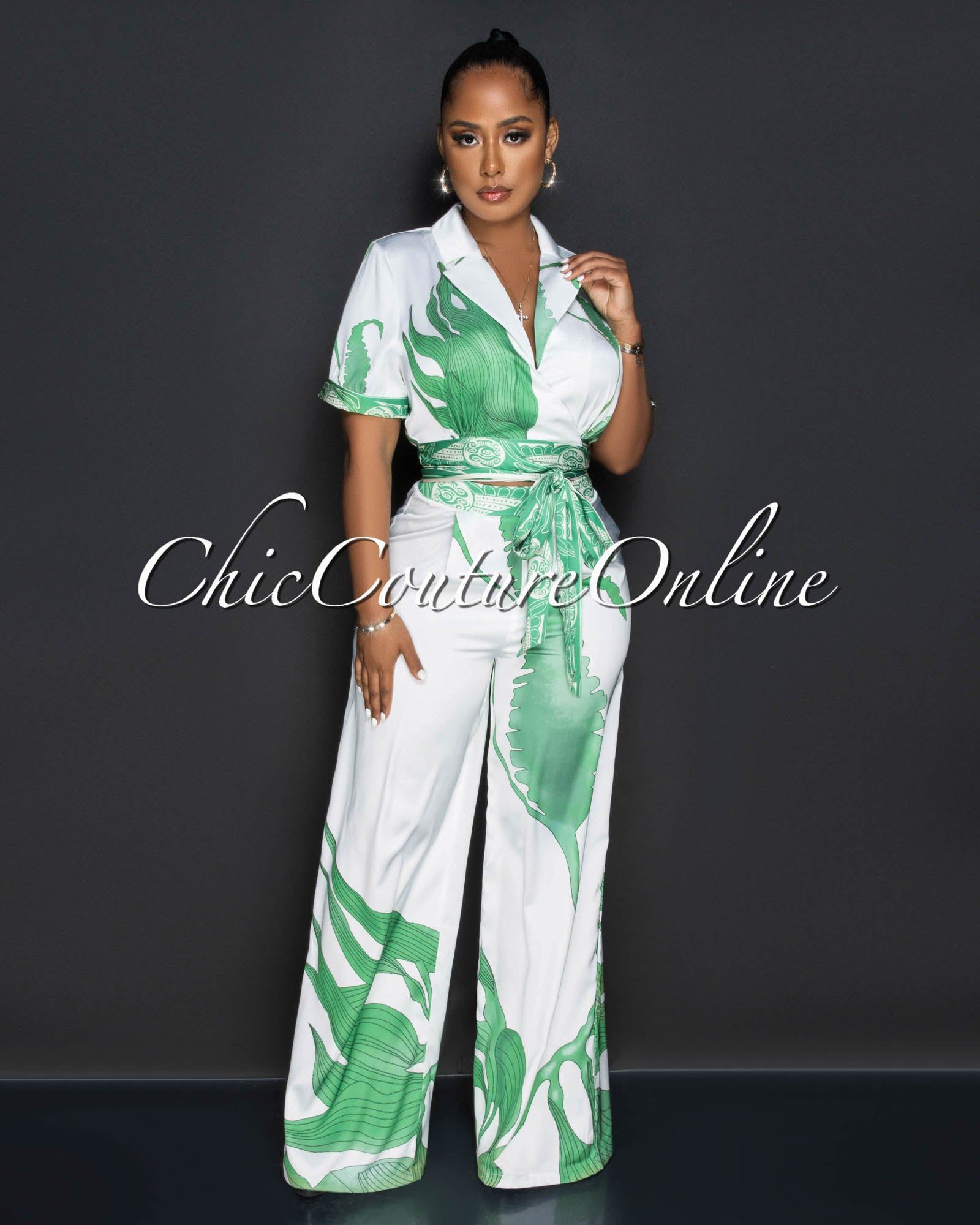 Raney White Green Print Crop Top & Wide Pants Silky Set sold by Chic Couture product image thumbnail 2