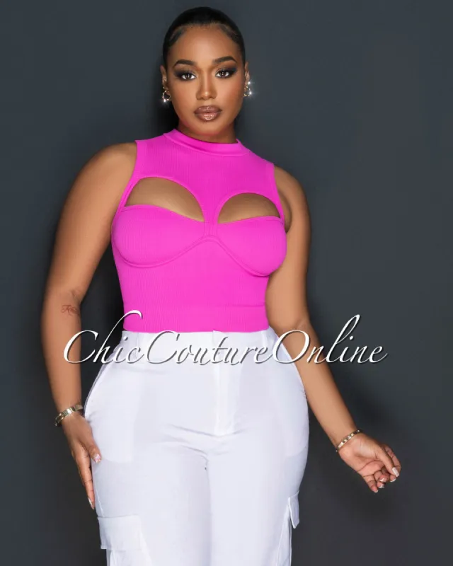 Ginette Neon Pink Bust Key-Holes Ribbed Crop Top sold by Chic Couture
